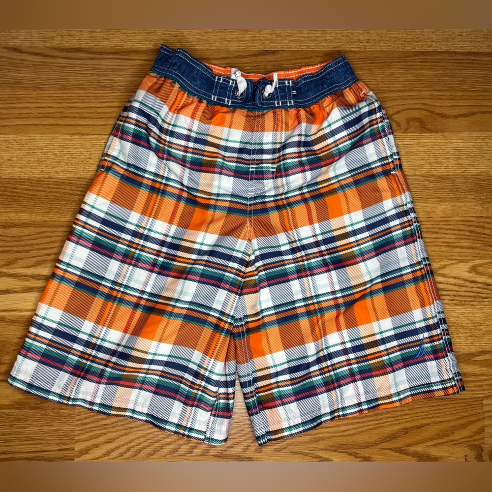 Nautica boys plaid swim trunks with mesh liner & pockets